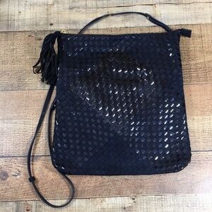 Steven Blue Black Tassel Woven Sling Crossbody Bag Purse